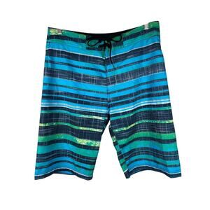 prAna Men's Size 32 Blue Green Black Striped UPF 50+‎ Board Shorts Swim Trunks*